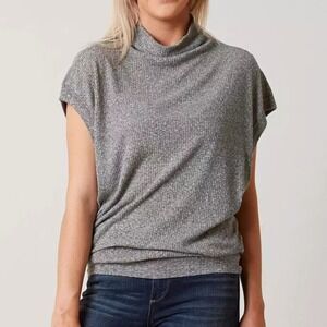 FREE PEOPLE WE THE FREE Large Grey Ribbed High Neck Slouchy Top Exposed Seams